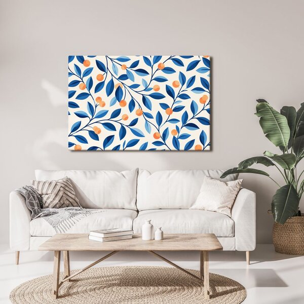 Quadro su tela – Foglie blu e frutti arancioni