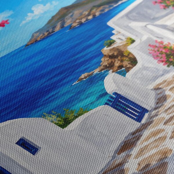 Quadro su tela – Vicolo sul mare con fiori rosa