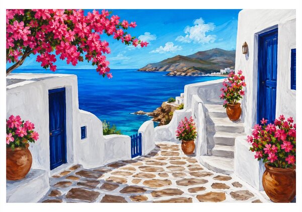 Quadro su tela – Vicolo sul mare con fiori rosa
