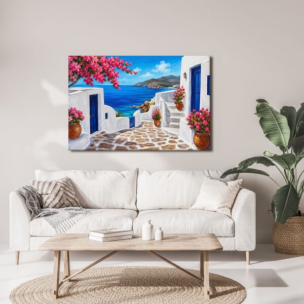 Quadro su tela – Vicolo sul mare con fiori rosa