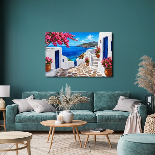 Quadro su tela – Vicolo sul mare con fiori rosa