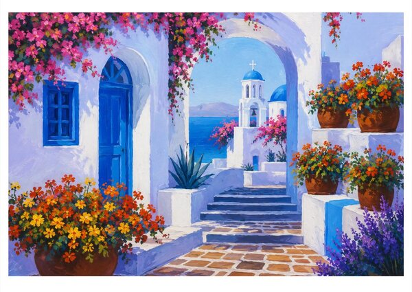 Quadro su tela – Angolo mediterraneo con cupola blu