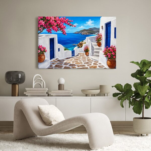 Quadro su tela – Vicolo sul mare con fiori rosa