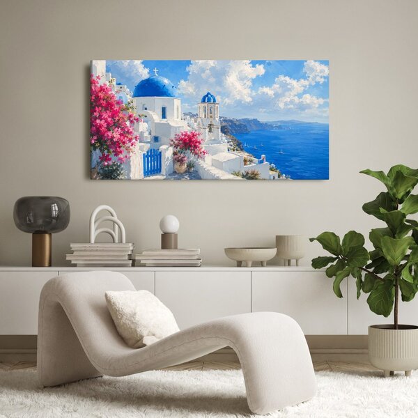 Quadro su tela – Santorini in fiore sotto il cielo estivo