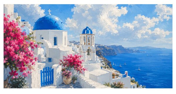 Quadro su tela – Santorini in fiore sotto il cielo estivo