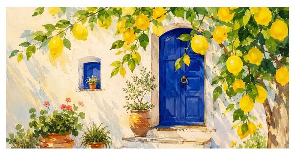 Quadro su tela – Porta blu sotto i limoni