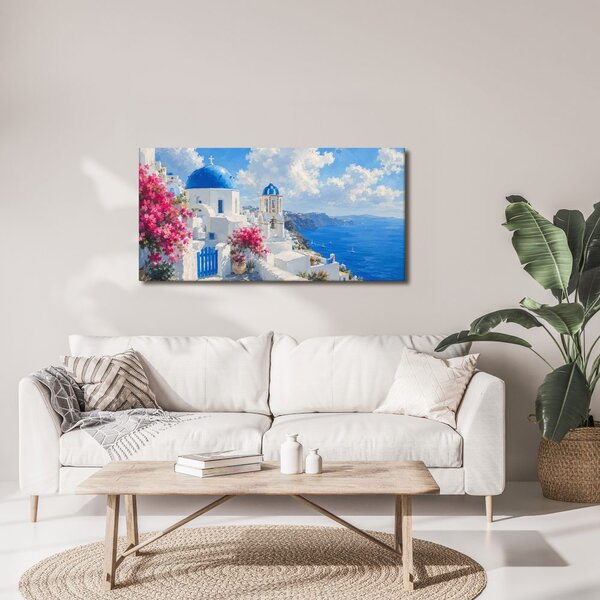 Quadro su tela – Santorini in fiore sotto il cielo estivo