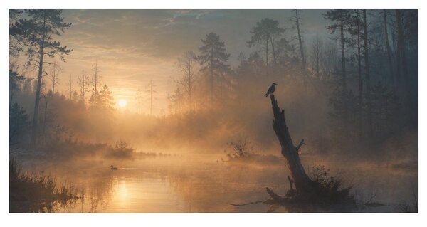 Quadro su tela – Alba silenziosa nella nebbia del bosco