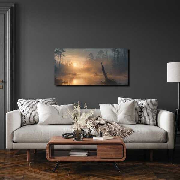 Quadro su tela – Alba silenziosa nella nebbia del bosco