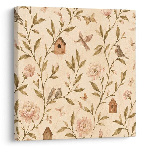 Quadro su tela – Uccelli pastello e peonie