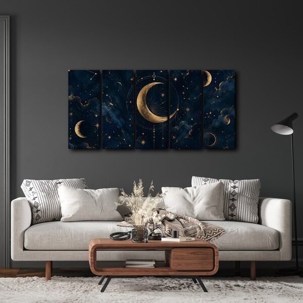Quadri 5 pezzi – Luna dorata tra le costellazioni