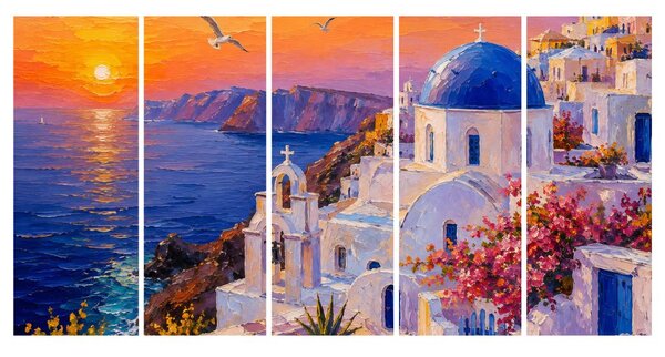 Quadri 5 pezzi – Costa di Santorini al tramonto