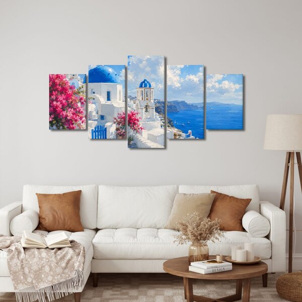 Quadri 5 pezzi – Case bianche di Santorini sul mare