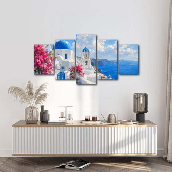 Quadri 5 pezzi – Case bianche di Santorini sul mare