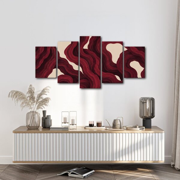 Quadri 5 pezzi – Onde astratte color bordeaux