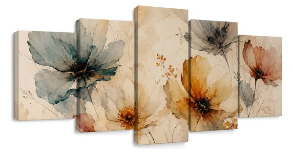 Quadri 5 pezzi – Fiori ad acquerello dai toni delicati