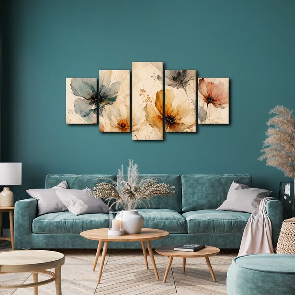Quadri 5 pezzi – Fiori ad acquerello dai toni delicati