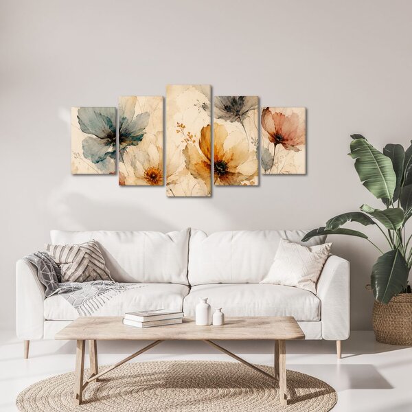 Quadri 5 pezzi – Fiori ad acquerello dai toni delicati