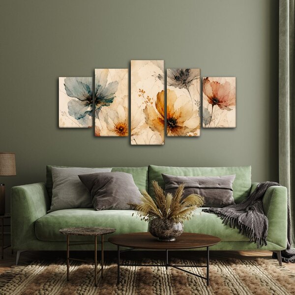 Quadri 5 pezzi – Fiori ad acquerello dai toni delicati