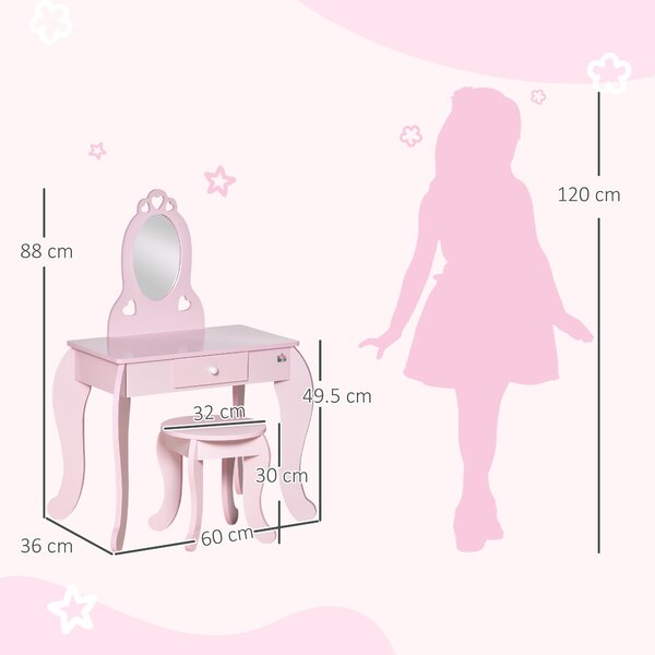 HOMCOM Tavolo da Trucco per Bambini in Legno con Sgabello e Specchio Elegante Cassetto Funzionale Design Rosa per Camera dei Bambini |Aosom