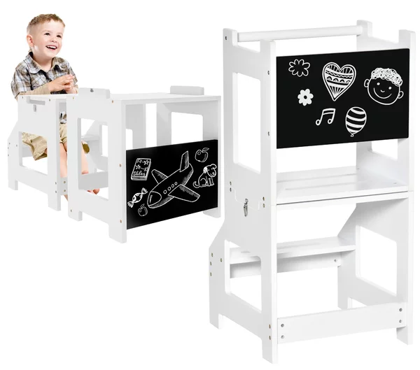 HOMCOM Scala Montessori 2 in 1 in MDF Staccabile, con Sgabello, Lavagna Inclusi, per Bambini 3-6 Anni, Bianco|Aosom