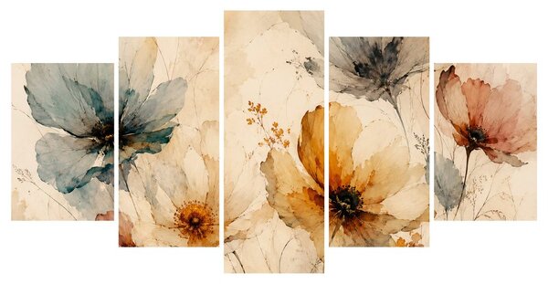 Quadri 5 pezzi – Fiori ad acquerello dai toni delicati