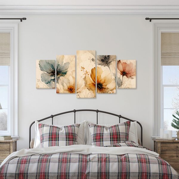 Quadri 5 pezzi – Fiori ad acquerello dai toni delicati