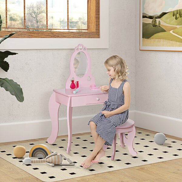 HOMCOM Tavolo da Trucco per Bambini in Legno con Sgabello e Specchio Elegante Cassetto Funzionale Design Rosa per Camera dei Bambini |Aosom