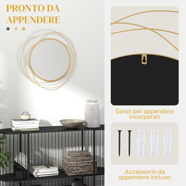 HOMCOM Specchio Moderno e Rotondo Decorativo a Muro con Ganci, in Vetro e Metallo, Ø65x1 cm, Oro|Aosom