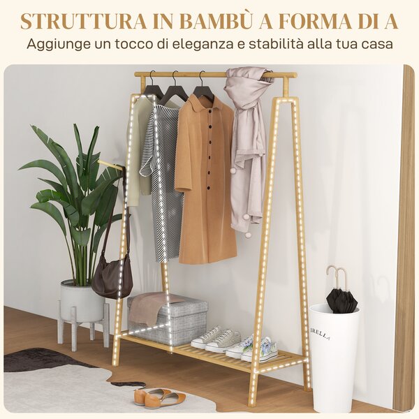 HOMCOM Appendiabiti a Doghe in Bambù con Gruccia Laterale e Spazio per Scarpe, 110x42x152 cm, color Legno|Aosom