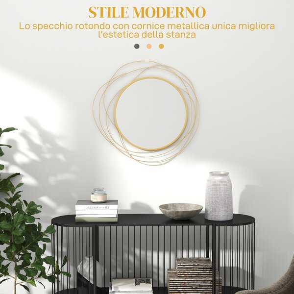 HOMCOM Specchio Moderno e Rotondo Decorativo a Muro con Ganci, in Vetro e Metallo, Ø65x1 cm, Oro|Aosom