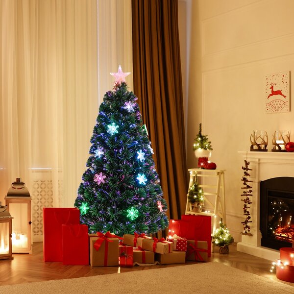 Costway Albero di Natale con fibra ottica da 120cm, Albero di decorazione festiva con rami in pvc luci LED e fiocchi di neve
