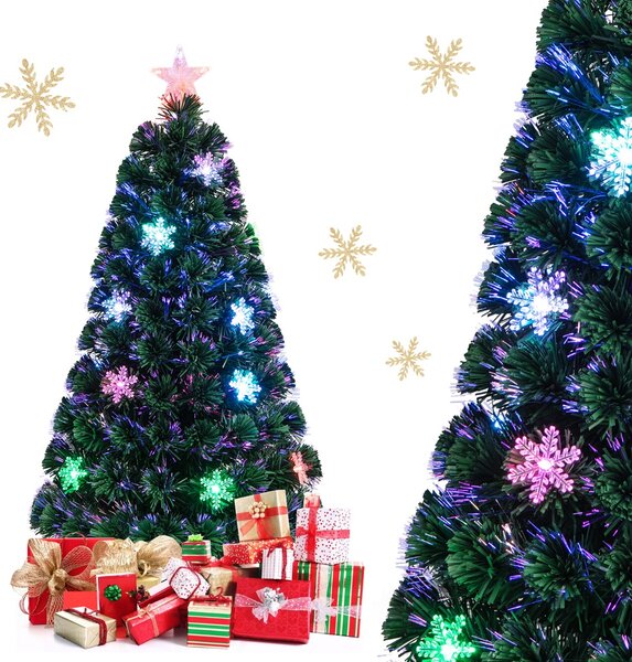 Costway Albero di Natale con fibra ottica da 120cm, Albero di decorazione festiva con rami in pvc luci LED e fiocchi di neve