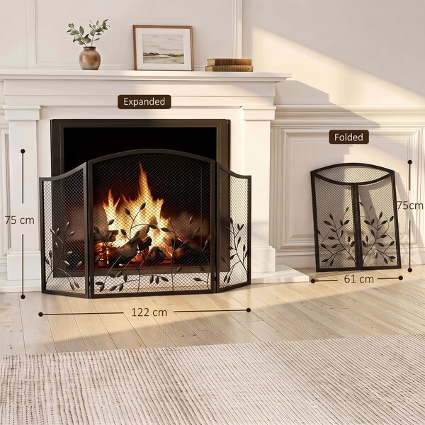 HOMCOM Parascintille Camino Pieghevole a 3 Pannelli in Metallo Verniciato, Pronto all'Uso, 122x1x75 cm, Nero | Aosom Italy