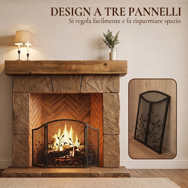 HOMCOM Parascintille Camino Pieghevole a 3 Pannelli in Metallo Verniciato, Pronto all'Uso, 122x1x75 cm, Nero | Aosom Italy
