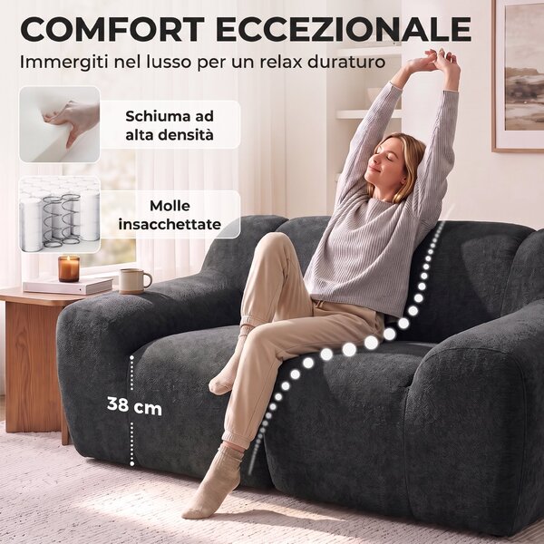 HOMCOM Divano 2 Posti in Ciniglia Senza Struttura, Seduta Ampia, Braccioli Larghi, 174x91x61cm, Grigio Scuro | Aosom Italy