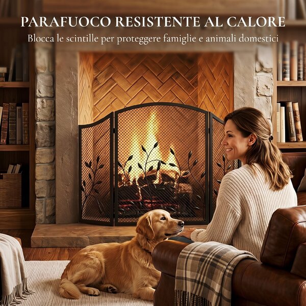 HOMCOM Parascintille Camino Pieghevole a 3 Pannelli in Metallo Verniciato, Pronto all'Uso, 122x1x75 cm, Nero | Aosom Italy