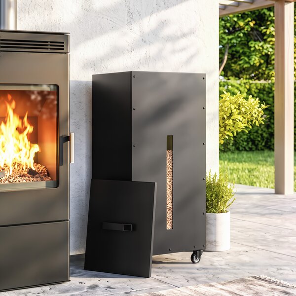 Outsunny Contenitore Portapellet 45kg con Ruote, Coperchio, Finestra e Setaccio, Nero | Aosom Italy