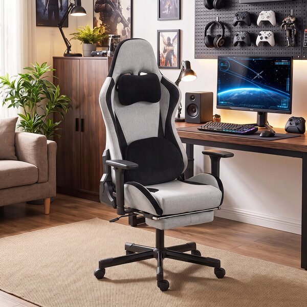 HOMCOM Sedia Gaming Ergonomica Massaggiante con Cuscino Lombare, in Tessuto Effetto Lino, 70.5x73x127.5-137.5 cm, Grigio | Aosom Italy