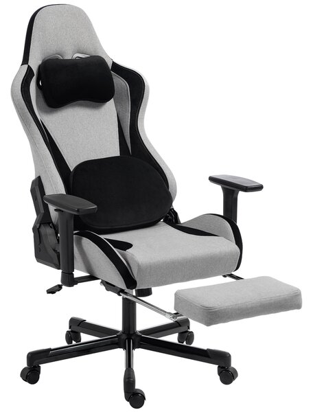 HOMCOM Sedia Gaming Ergonomica Massaggiante con Cuscino Lombare, in Tessuto Effetto Lino, 70.5x73x127.5-137.5 cm, Grigio | Aosom Italy