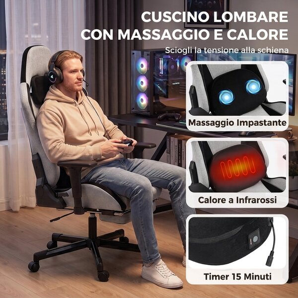 HOMCOM Sedia Gaming Ergonomica Massaggiante con Cuscino Lombare, in Tessuto Effetto Lino, 70.5x73x127.5-137.5 cm, Grigio | Aosom Italy