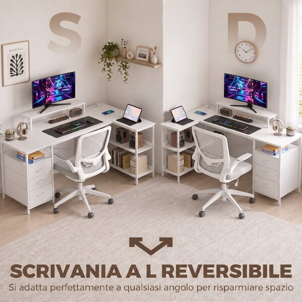 HOMCOM Scrivania Angolare a L con Prese, 170x100cm, Bianca | Aosom Italy