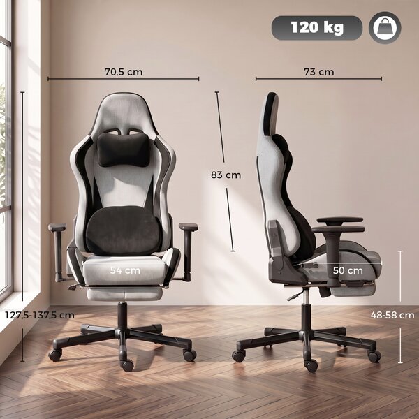 HOMCOM Sedia Gaming Ergonomica Massaggiante con Cuscino Lombare, in Tessuto Effetto Lino, 70.5x73x127.5-137.5 cm, Grigio | Aosom Italy
