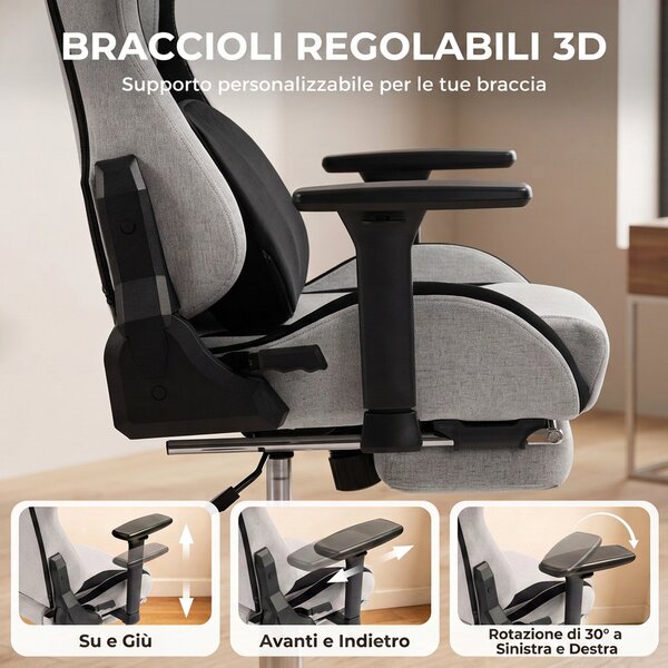 HOMCOM Sedia Gaming Ergonomica Massaggiante con Cuscino Lombare, in Tessuto Effetto Lino, 70.5x73x127.5-137.5 cm, Grigio | Aosom Italy