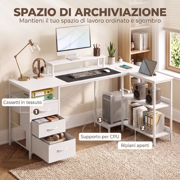 HOMCOM Scrivania Angolare a L con Prese, 170x100cm, Bianca | Aosom Italy