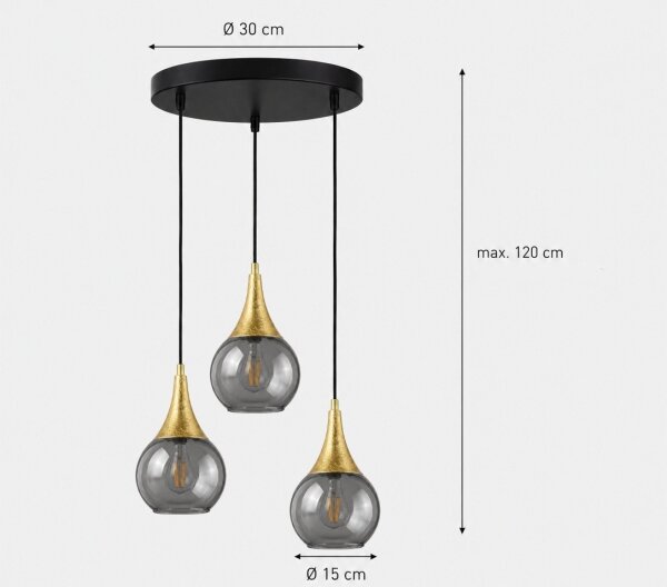 Lampadario a sospensione con filo LACRIMA SMOKY 3xE27/60W/230V diametro 30 cm