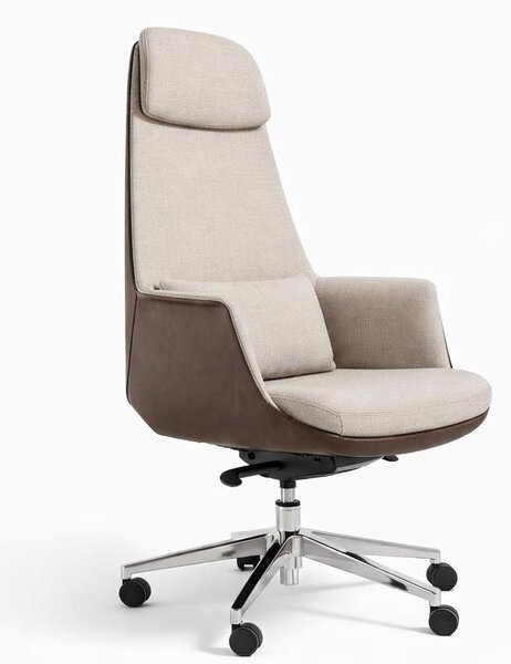 Sedia da ufficio ergonomica con rivestimento in tessuto e dettagli in pelle, beige
