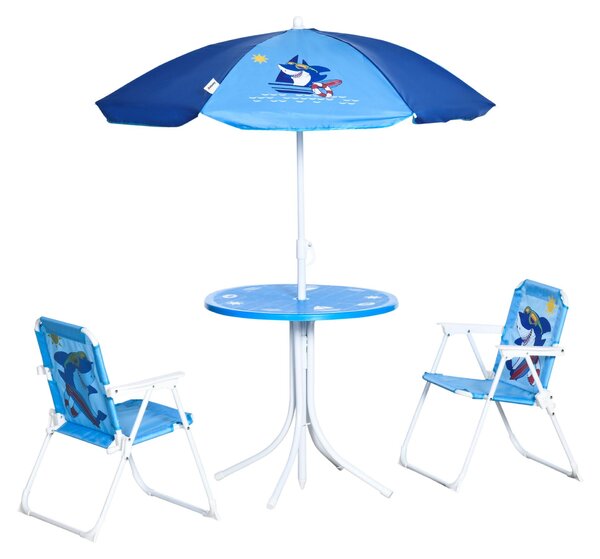 Outsunny Set da giardino per bambini 4 pezzi: 2 sedie pieghevoli e ombrellone, blu