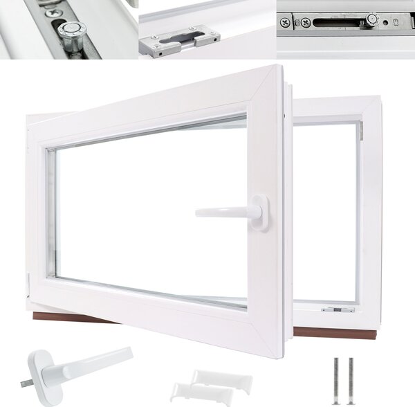 Finestra per cantina Finestra in PVC-U, bianca, LxA: 85 x 40 cm / 850 x 400 mm Doppio vetro (32 mm) ribaltabile con chiusura a fungo, DIN a sinistra (maniglia a destra)