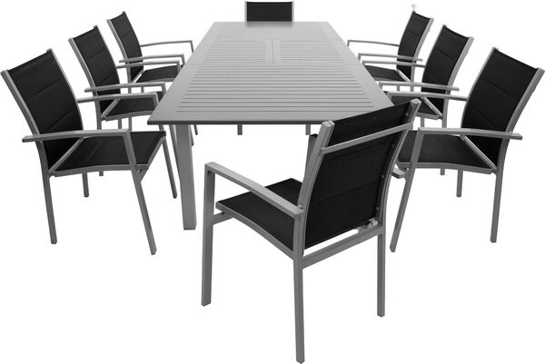Set da giardino DEGAMO set da pranzo BAJAZZO 9 pezzi, alluminio argento/grigio + tessuto sintetico nero, 8x sedie impilabili, 1x tavolo allungabile 175/145x100cm